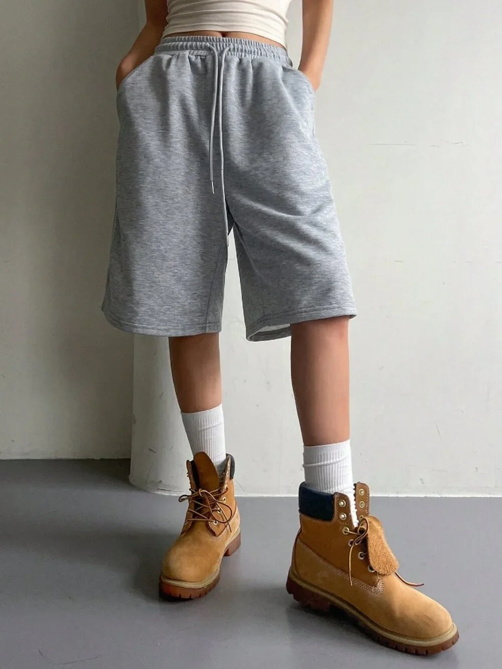 Light Grey Casual Women's Elasticated Drawstring Shorts